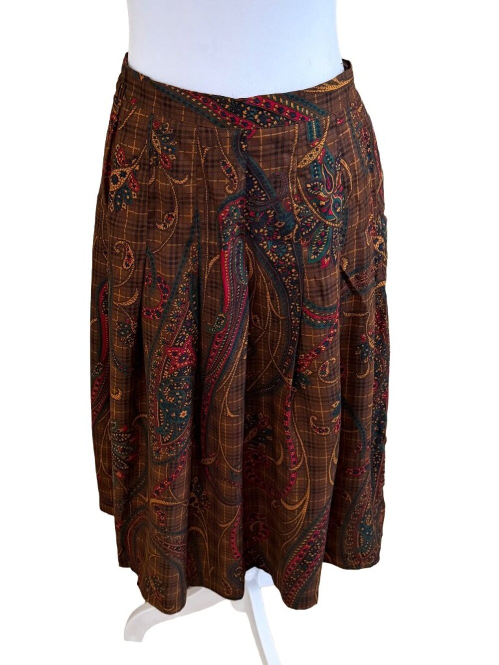 Personal Petites Women's 14 Brown Plaid and Paisley Pleated Circle Skirt